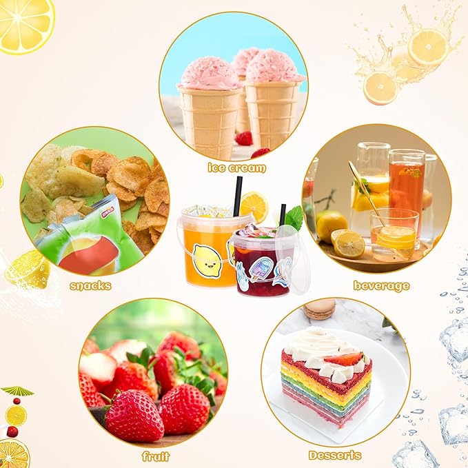 30 Pcs Ice Cream Buckets with Lids and Handles Drink Rum Buckets for Parties Cocktails Reusable Clear Plastic Food Containers with 50 Pcs Summer Stickers