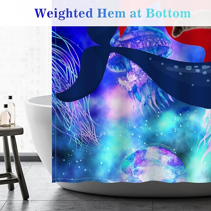 Aimego Funny Cat Shower Curtains - Cute Cat Riding Whale Shark on Space Galaxy Fantasy Jellyfish Fun Shower Curtain Set with 12 Hooks for Adults Kids Bathroom Decor Accessories, 72"x72"