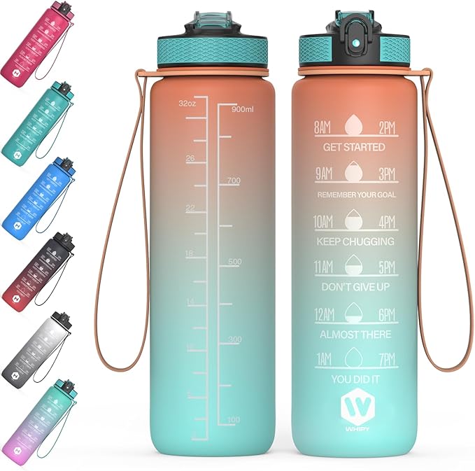 32 oz Water Bottle with Time Marker Leak-Proof & BPA Free Reusable Gym Water Bottle Easy to Carry Motivational Water Bottle for Fitness, Sports, Cycling (Orange & Light Green Green Head)