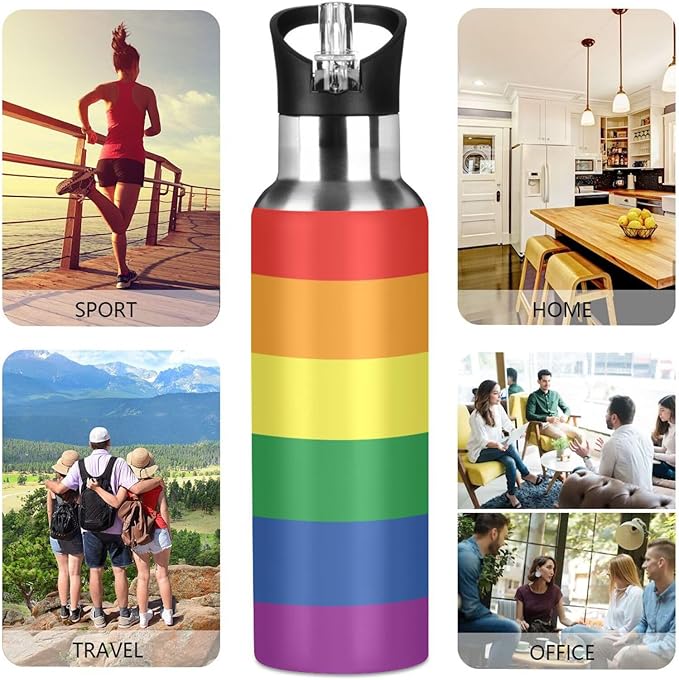 20oz Gay LGBT Rainbow Pride Flag Sports Water Bottle,Double Wall Vacuum Insulated Stainless Steel Lesbian Water Bottle with Straw Keeps Hot＆ Cold, Bike Running Travel Pride Day Month Gifts