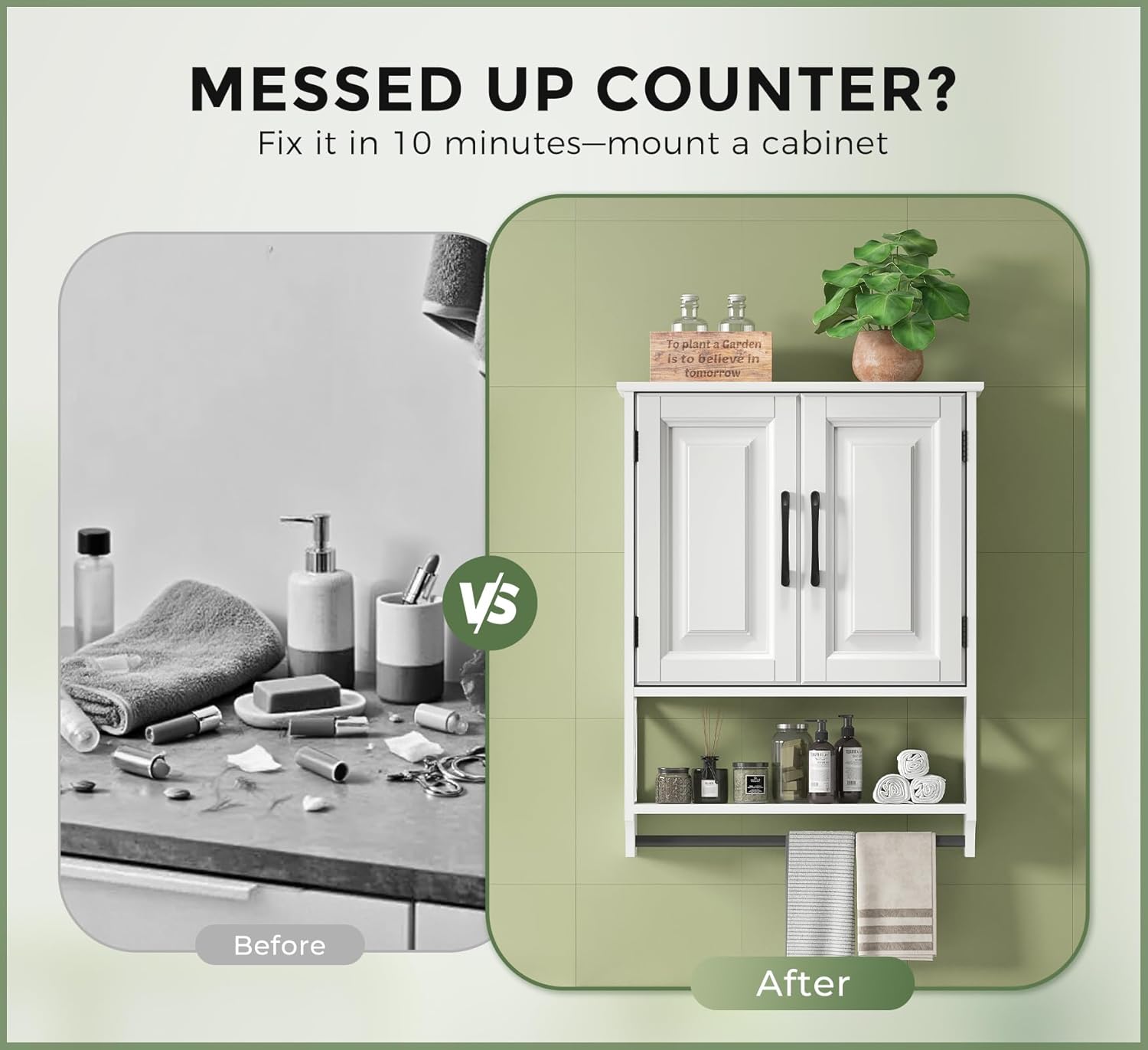 Bathroom Cabinet Wall Mounted, White Bathroom Wall Cabinets with Towel Bar and 2 Doors, Wooden Medicine Cabinet with Adjustable Shelf, Open Storage