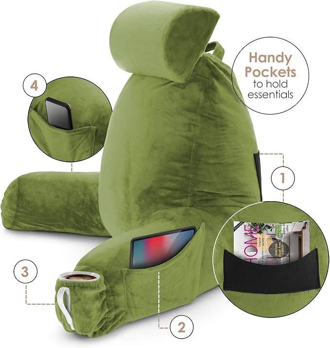 Nestl Reading Pillow Large Bed Pillow, Back Pillow for Sitting in Bed Shredded Memory Foam Chair Pillow, Reading & Bed Rest Pillows Calla Green Back Pillow for Bed, Bed Chair Arm Pillow with Pockets