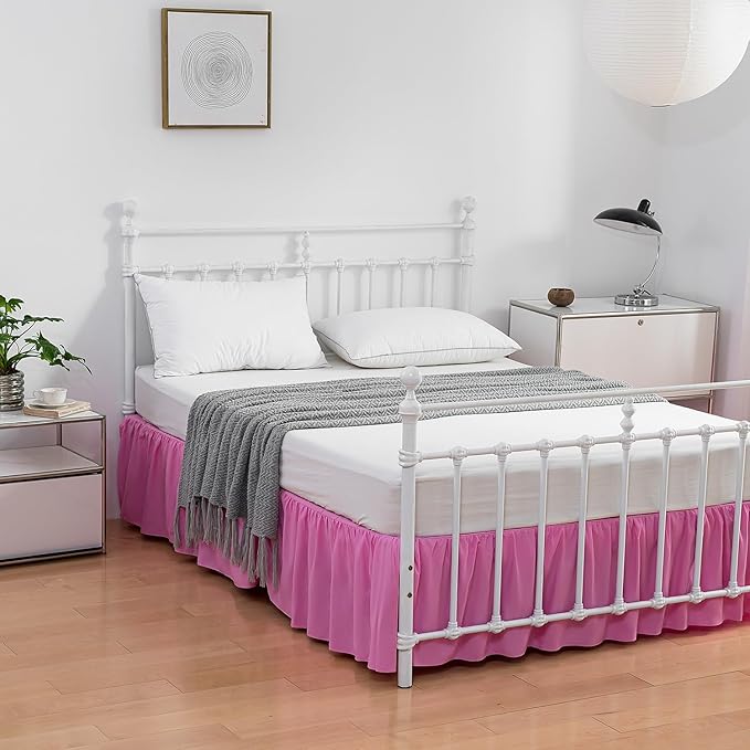 Bed Skirt Queen Size Ruffled Bed Skirt with Split Corners, 14 Inch Drop Dust Ruffle Bed Skirt with Platform, 14 Inch Drop, Pink