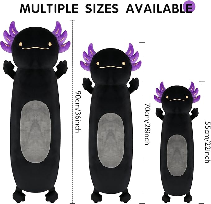 22 inch Black Axolotl Stuffed Animal, Cute Long Body Cuddle Pillow, Giant Axolotl Plushies Toy Gift for Kids, Boys Birthday