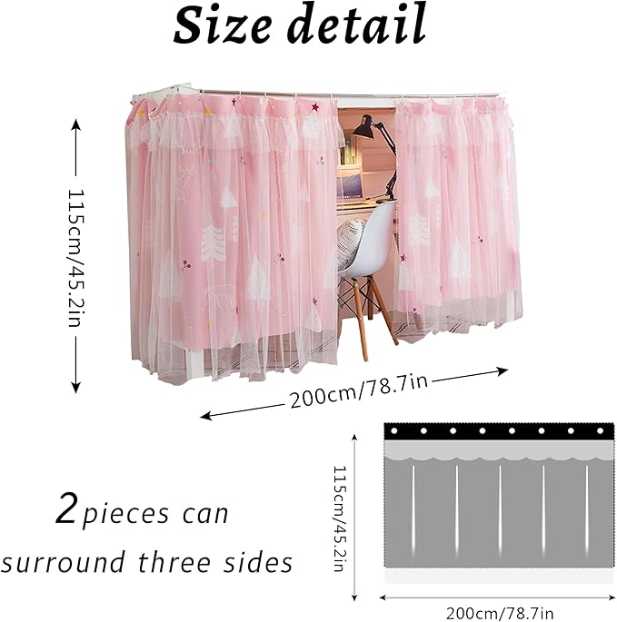 Beautiful Gauze Bunk Bed Curtains Drapes with Lace Privacy Bed Canopy for Bottom, 2 Panels, Forest