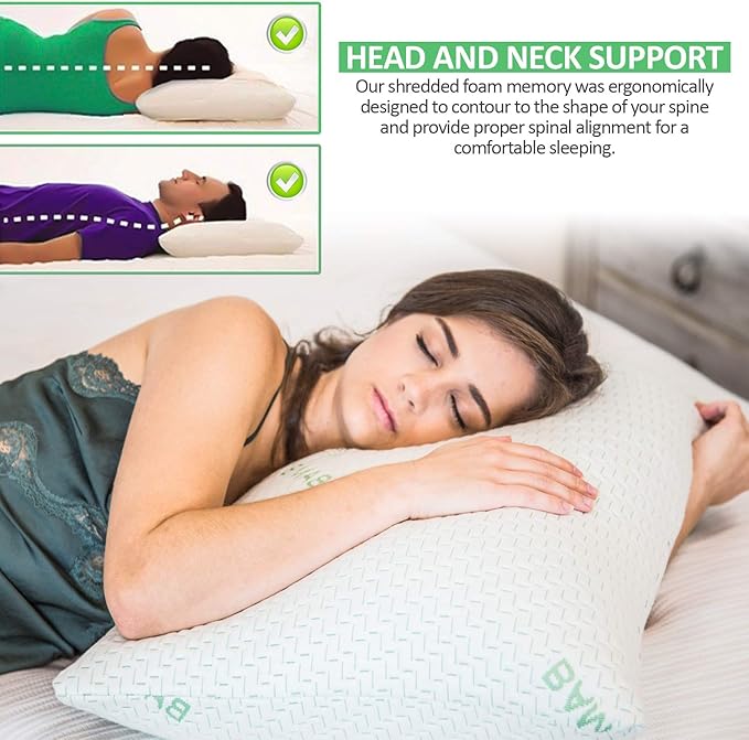 Queen Size Rayon Derived from Bamboo Pillow, Shredded Memory Foam Bed Pillows Sets for Side, Back, Stomach Sleepers, Washable Cover, Cooling and Adjustable, (Queen (Pack of 1)