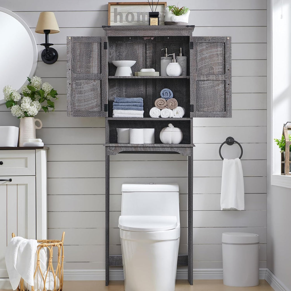 Over The Toilet Storage Cabinet, Farmhouse Bathroom Cabinet with Adjustable Shelf & Barn Door, 67" Tall Over The Toilet Shelf, Grey Wash