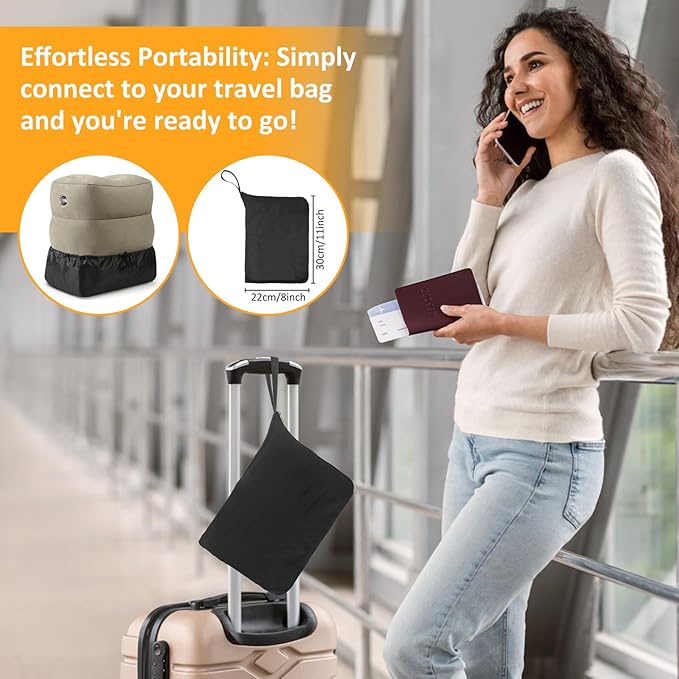 Inflatable Foot Rest Pillow for Travel - Adjustable Height Flight Foot Rest with Eye Mask and Earplugs for Kids & Adults on Airplane, Car, Train, Office, and Home (Gray, 2 PCS)