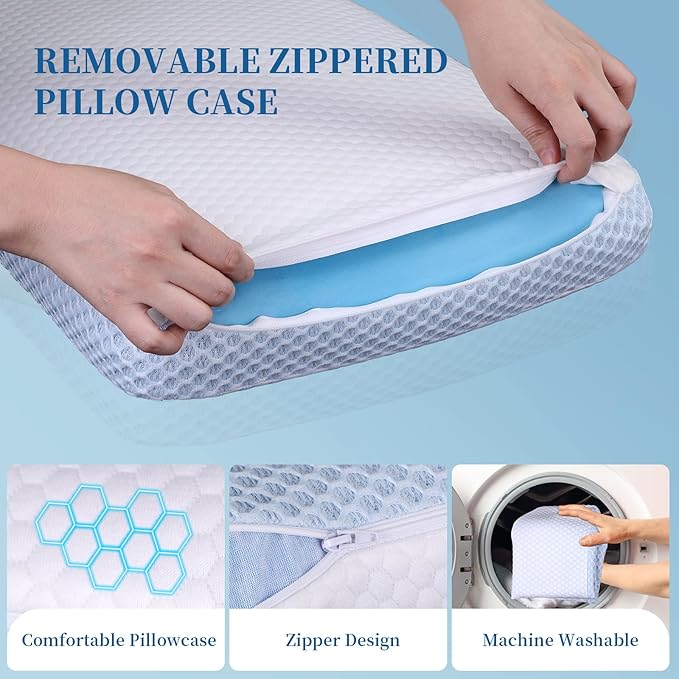 QUTOOL Memory Foam Pillows 2 Pack, Ventilated Bed Pillow with Cooling Washable Cover, Cervical Contour Pillow for Side Back Sleeper, Blue White