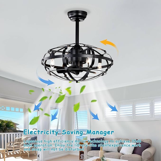 NicBex Ceiling Fan 20 Inch Indoor Industrial Ceiling Fan with Lights Ceiling Fans with 5 Blades and Remote Control Caged Ceiling Fan for Bedroom, Living Room, Black