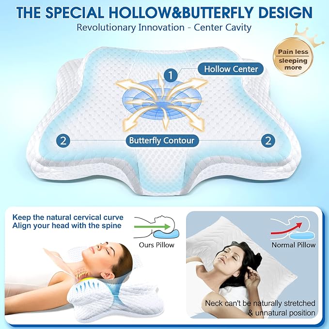 Pain Relief Cervical Pillow for Neck and Shoulder Support,Hollow Design Memory Foam Pillows with Cooling Case,Orthopedic Ergonomic Neck Pillow,Contour Bed Pillow for Side Back Stomach Sleeper…
