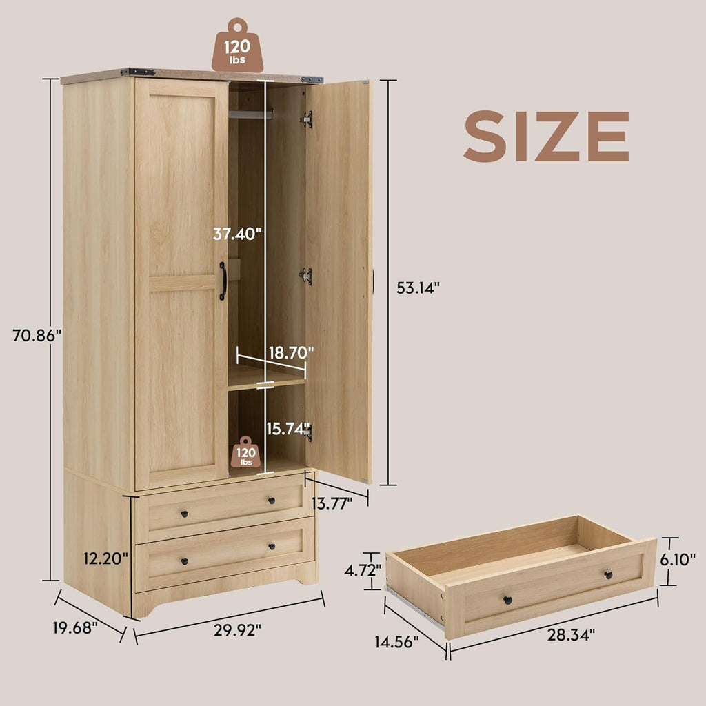Brafab Wooden Armoire Wardrobe Closet with 2 Modern Doors, 71" Tall Freestanding Closet Wardrobe Cabinet with Drawers and Hanging Rail, Storage Cabinet with Shelve for Bedroom (Natural, 2 Doors)