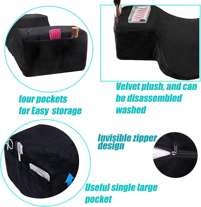 Salon Eyelash Extension Neck Pillow Memory Foam Lash Pillow with Neck and Back Support,Ergonomic lash Bed Pillow with Velvet Pillowcase Beauty Lash Pillow for Lash Extensions（Black）