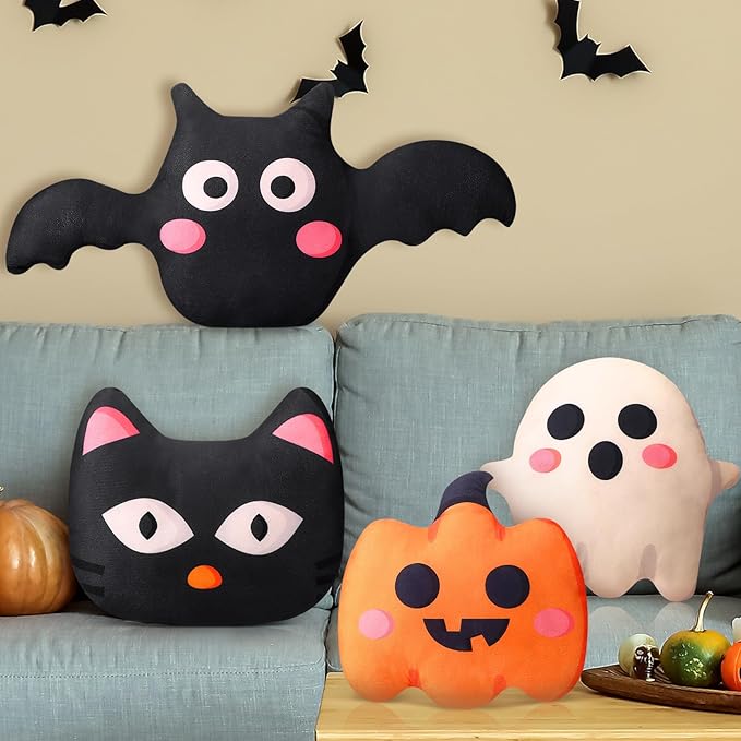 4 Pcs Halloween Plush Pillow Cat Pumpkin Bat Ghost Shaped Plush Pillow Halloween Cushion Creative Holiday Pillow Case Farmhouse Decor for Sofa Bed Couch Halloween Holiday Party Gift