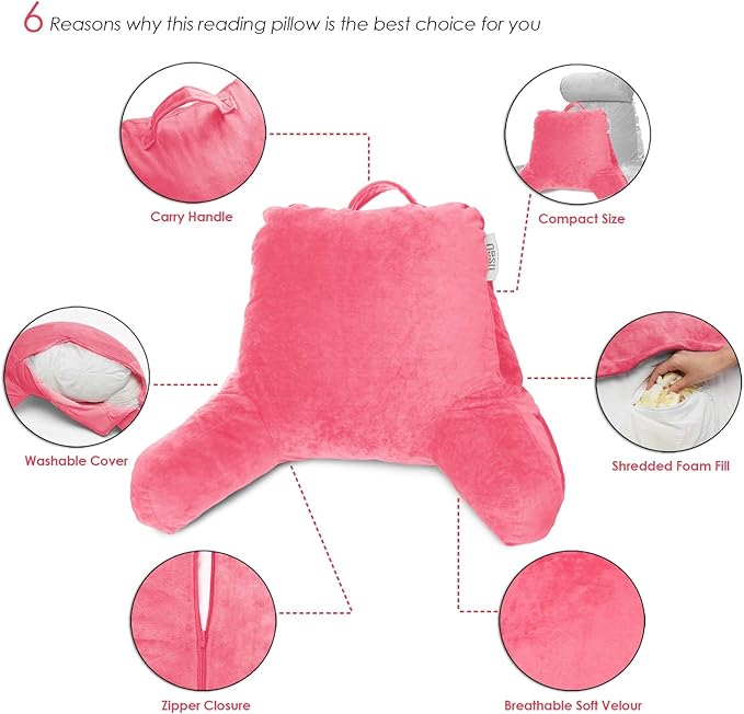 Nestl Reading Pillow Standard Bed Pillow, Back Pillow for Sitting in Bed Shredded Memory Foam Chair Pillow, Reading & Bed Rest Pillows Light Pink Back Pillow for Bed, Bed Chair Arm Pillow with Pockets