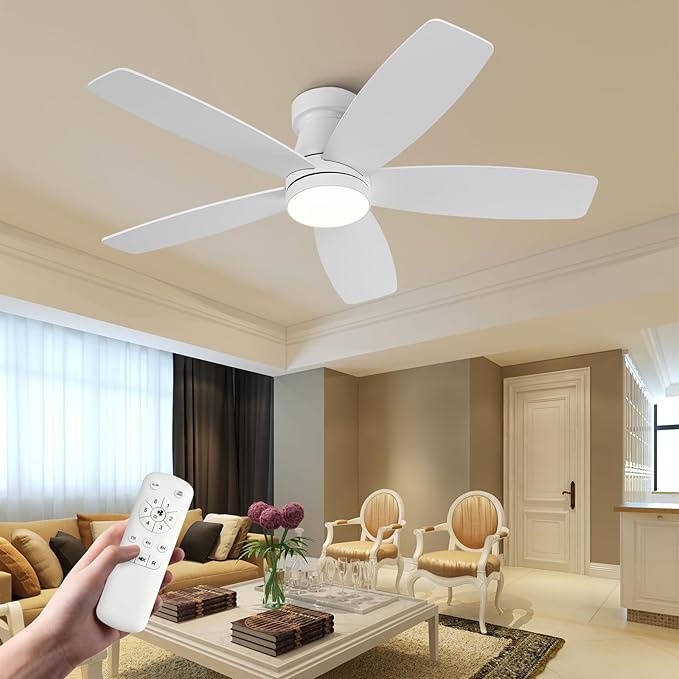 42 inch Ceiling Fans with Lights and Remote,Flush Mount White Ceiling Fan,Memory Fuction Reversible Quiet DC Motor Low Profile Ceiling Fans For Living Room Bedroom Outdoor(White&Natural Wood)