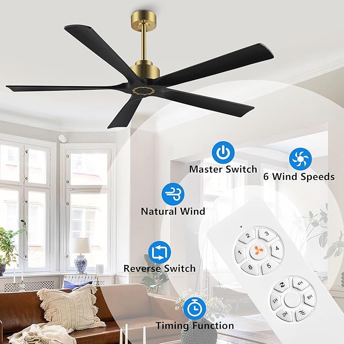 60 Inch Modern Ceiling Fan without Light, 5 Solid Wood Blades 6-Speed Noiseless Reversible DC Motor, Ceiling Fan with Remote Control for Bedroom Living Room, Gold Finish with Black Blades
