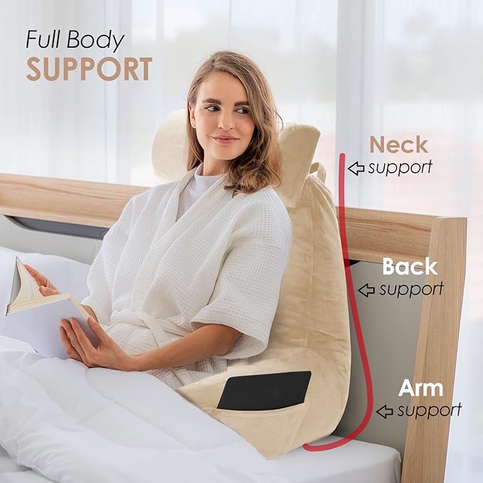 Nestl Reading Pillow Large Bed Pillow, Back Pillow for Sitting in Bed Shredded Memory Foam Chair Pillow, Reading & Bed Rest Pillows Beige Cream Back Pillow for Bed, Bed Chair Arm Pillow with Pockets