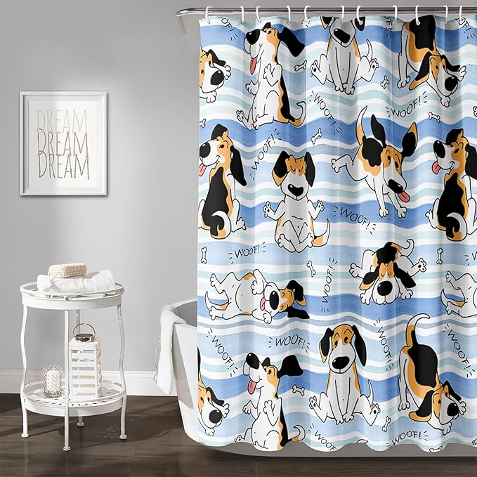 AILONEN Cartoon Dog Shower Curtain,Funny Beagle Active Dog Printed Shower Curtain, 72" W*72" H Waterproof Happy Cartoon Pet Dog Curtain with Grommets and 12 Hooks