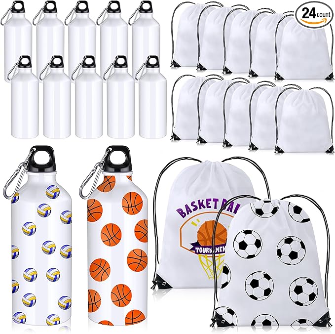 12 Sets 20 oz Sublimation Aluminum Water Bottles and Sublimation Drawstring Bags White Blank Heat Press Sport Bottle with Drawstring Backpack for DIY Craft Travel Camping Hiking Gym Fishing