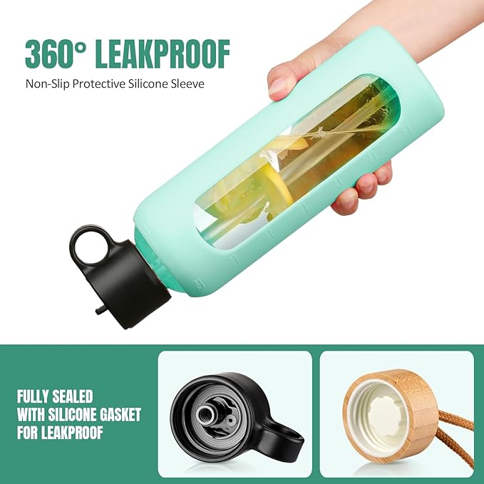 24oz Glass Water Bottle With 2 Lids-Flip Straw Lid, Bamboo Lid, Glass Water Bottle With Silicone Sleeve, Motivational Time Marker, Glass Juice Bottle for Cold Drink,Light Blue