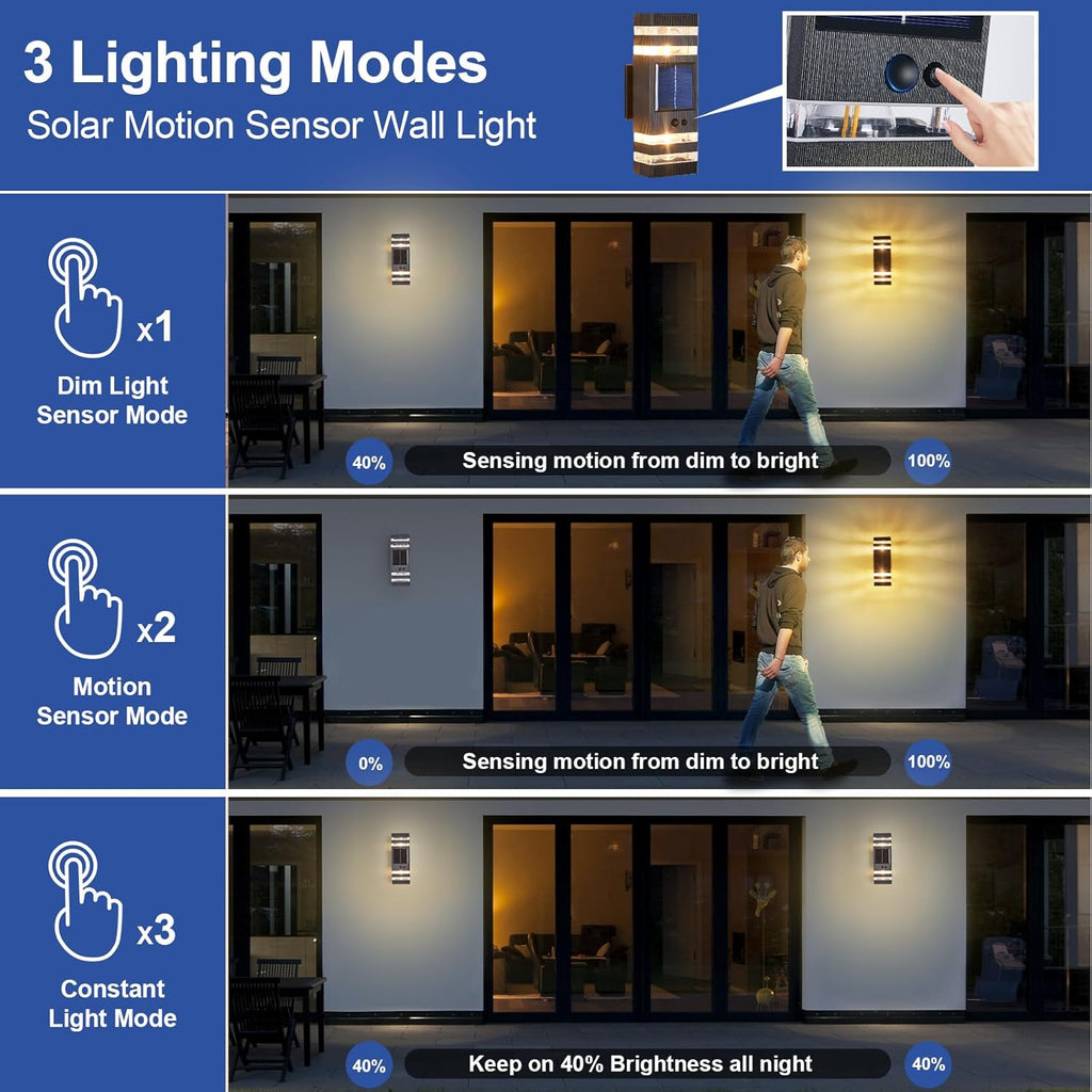 2 Pack Solar Outdoor Wall Lights with 3-Mode Motion Sensor Outside Sconces Up Down Solar Porch Light Fixtures 3000K 500LM Dusk to Dawn Modern Exterior Wall Lamp for House Garage Front Door