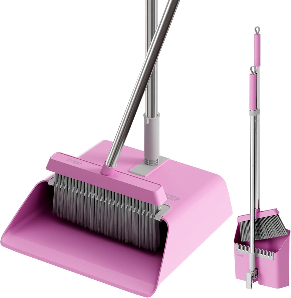 JOYMOOP Pink Broom and Dustpan Set with 56” Handle, Upright Angle with Built-in Comb Teeth for Hardwood Floors and Pet Hair