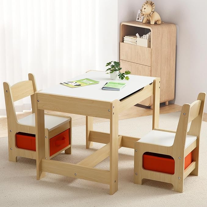 4-in-1 Kids Activity Table Set, Kids Table and Chair Set with/Storage, Removable Tabletop, Chalkboard, 3-Piece Toddler Furniture Set for Art, Crafts, Drawing, Reading, Playroom