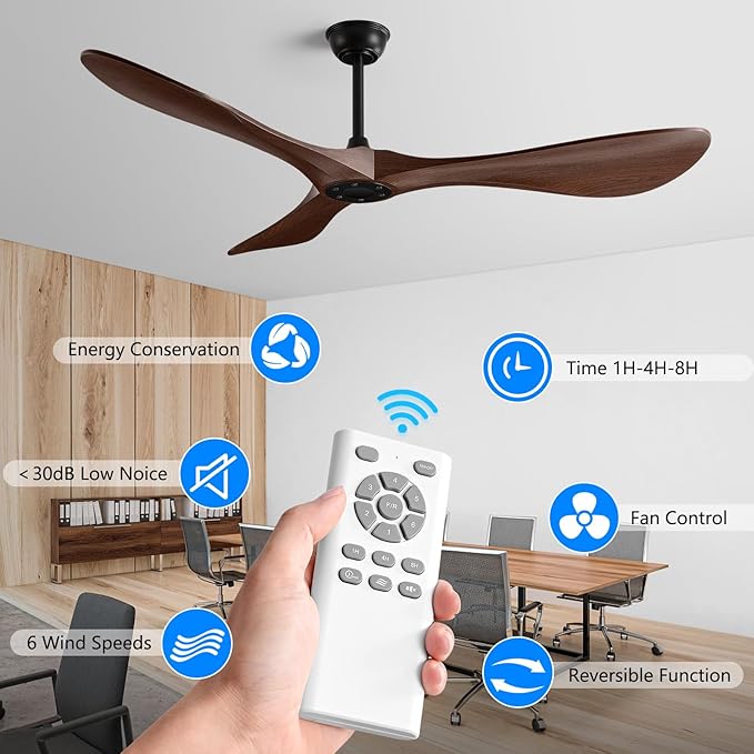 Ceiling Fan with Remote,52 Inch Wood Color Ceiling Fan no light for Indoor/Outdoor,6 Speed Noiseless Reversible DC Motor，Modern Ceiling Fan with Timer for Kitchen, Living Room Farmhouse Patios