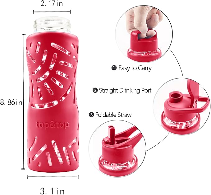 25oz Glass Water Bottles with Silicone Sleeve, 3 Different Lids (BPA Free) for Wide Mouth Glass Drink Bottles for Fitness and Outdoor (Red)