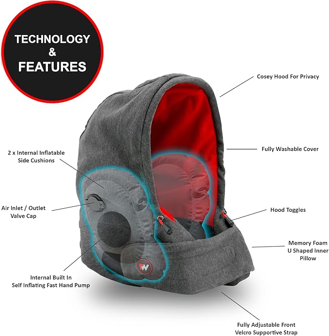 Roamwild Travel Pillow with Unique Self Inflating Built in Side Supports | Washable | (Red & Gray)