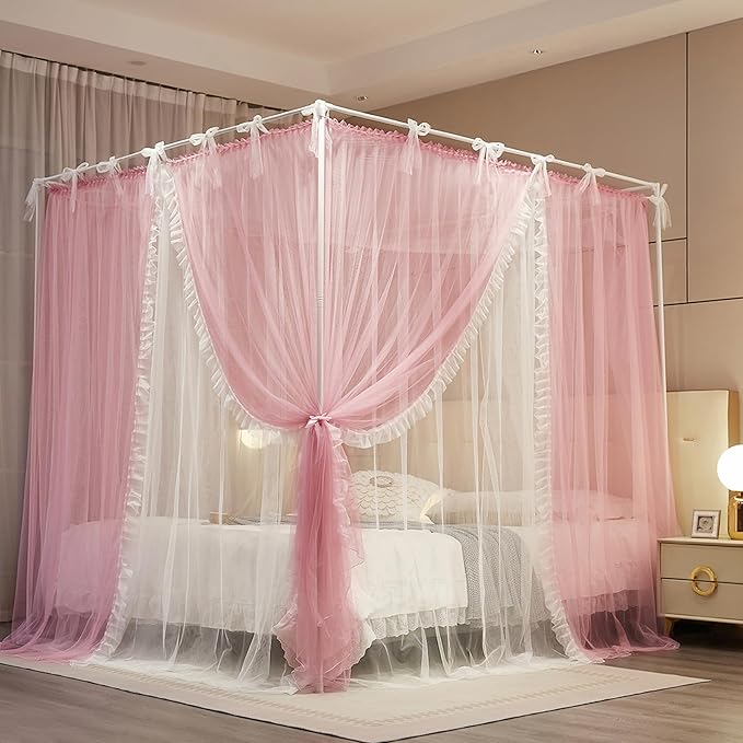 4 Corners Post Princess Curtain Bed Canopy Lace Up Double Layer 4 Opening Mosquito Net Mesh for Girls Bedroom Decoration(Pink/White, 64" W*82" L*82" H/Queen)
