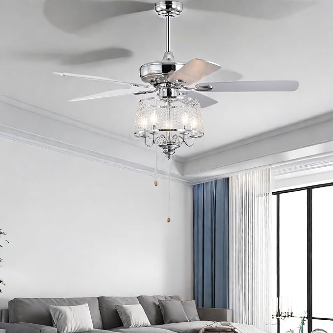 NicBex Ceiling Fan 52 Inch Modern Ceiling Fan with Lights Ceiling Fans with 5 Reversible Blades and Remote Control Ceiling Fan with Crystal Shade for Bedroom, Living Room, Silver
