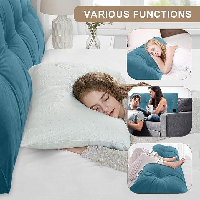 Large Triangular Headboard Pillows Long Backrest Positioning Support Bolster Cushion for Daybed Fluffy Quality Plush Body Wedge Pillow with Removable Cover(Dark blue-King-76x8x20in)