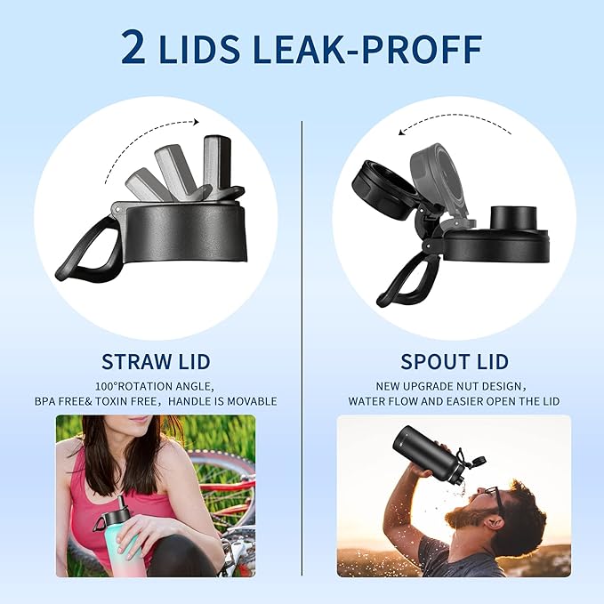 40 oz Insulated Water Bottle with Paracord Handles & Strap, 2 Lids(Straw Lid&Spout Lid), Stainless Steel Reusable Wide Mouth Metal Water Bottle With Straw (Dark Night)