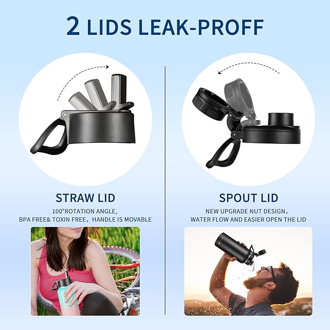 32 oz Insulated Water Bottle with Paracord Handles & Strap, 2 Lids(Straw Lid&Spout Lid), Stainless Steel Reusable Wide Mouth Metal Water Bottle With Straw, Double Walled, Thermo Mug(Dark Night)