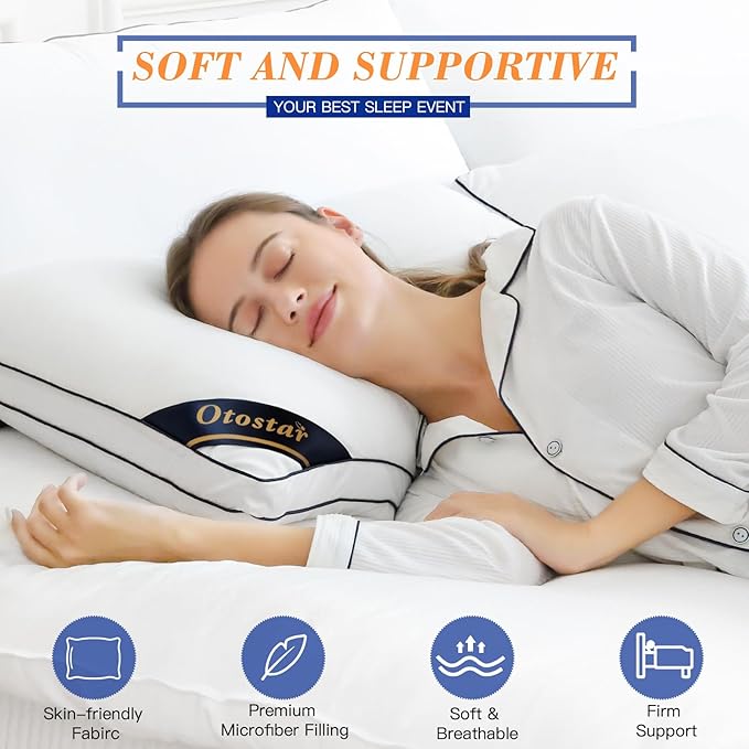OTOSTAR Pillows Queen Size Set of 4 Bed Pillows for Sleeping Cooling Pillows 4 Pack with 3D Microfiber Filling Breathable Cover Pillows for Back Stomach or Side Sleepers Soft Fluffy Pillows for Bed