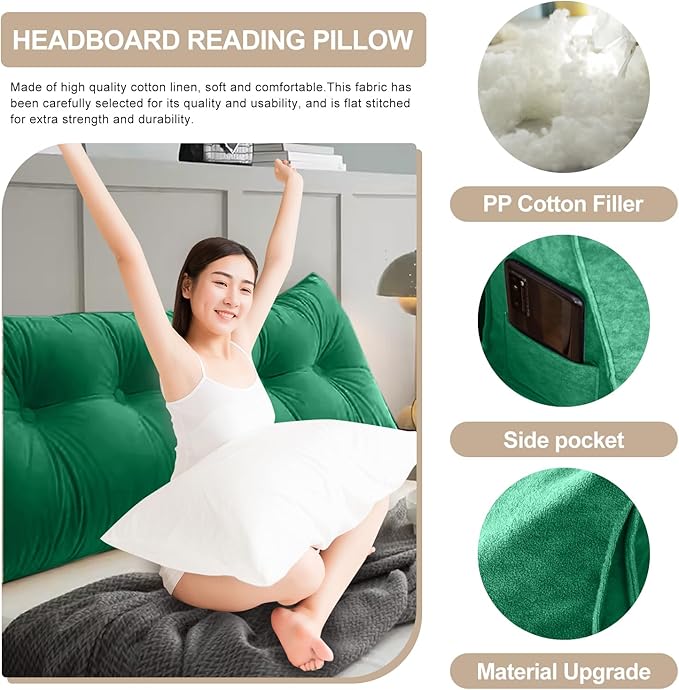 Large Triangular Headboard Pillows Long Backrest Positioning Support Bolster Cushion for Daybed Fluffy Quality Plush Body Wedge Pillow with Removable Cover(Dark Green-Cal King-71x8x20 in)