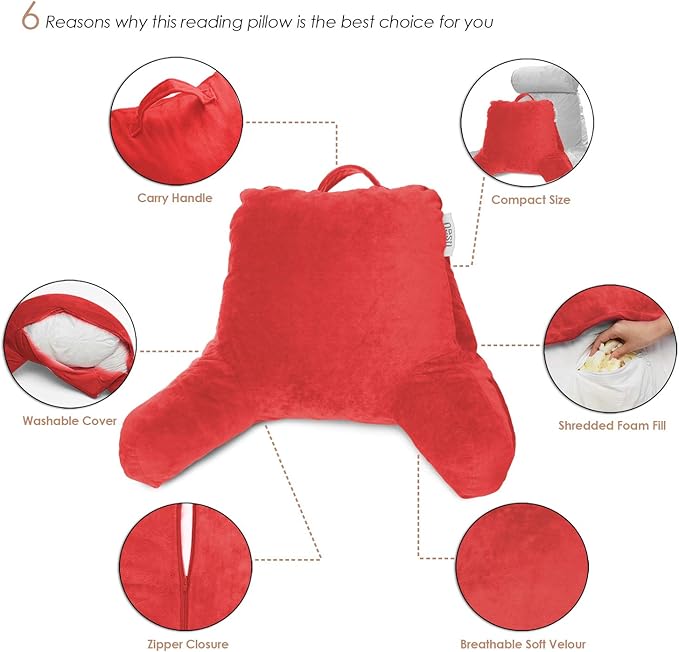Nestl Reading Pillow for Kids, Small Bed Pillow, Back Pillow for Sitting in Bed, Memory Foam Chair Pillow, Reading & Bed Rest Pillows, Red Back Pillow for Bed, Arm Pillow with Pockets