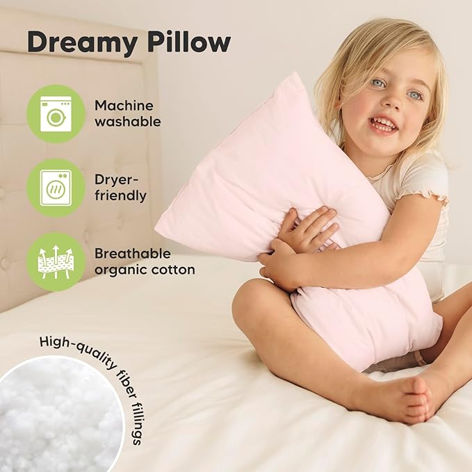 2-Pack Toddler Pillow - Soft Organic Cotton Toddler Pillows for Sleeping - 13X18 Small Pillow for Kids - Kids Pillows for Sleeping - Kids Pillow for Travel, School, Nap, Age 2 to 5 (Mist Pink)