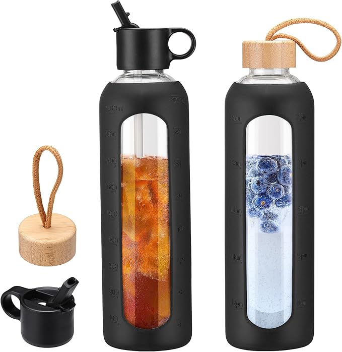 32oz Glass Water Bottle With 2 Lids-Flip Straw Lid, Bamboo Lid, Glass Water Bottle With Silicone Sleeve, Motivational Time Marker, Glass Juice Bottle for Cold Drink,Black