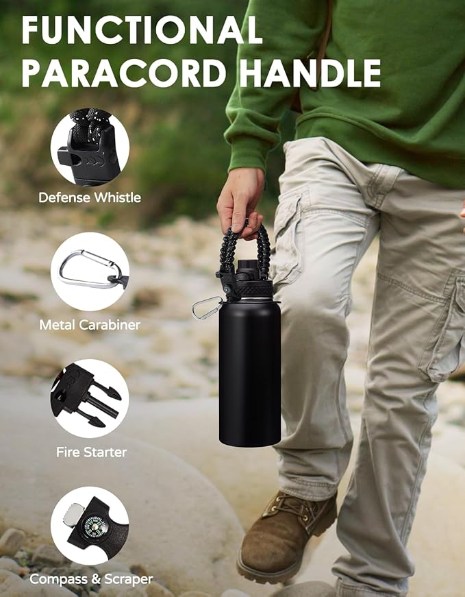 32oz Insulated Water Bottle Flask - Cold-48h & Hot-24h, Stainless Steel Water Bottle Hydro Cup with Paracord Handle, Straw & Spout Lids, Strap Carrier Bag, Meta Water Bottle for Sports Fitness Hiking