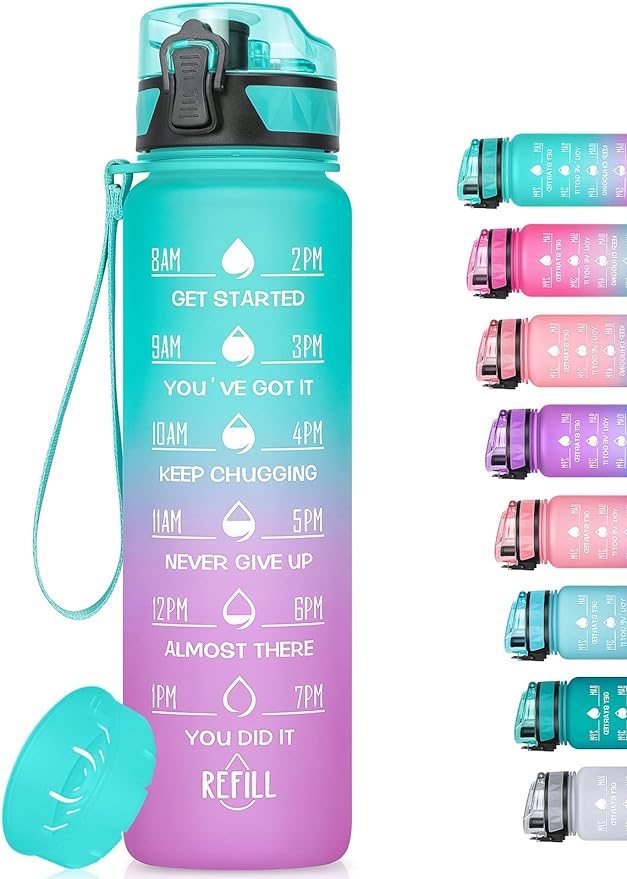 32oz/26oz Motivational Water Bottle with Time Marker & Fruit Strainer, Leak-proof BPA Free Non-Toxic 1l Bottle with Carrying Strap, Perfect for Fitness, Gym and Outdoor Sports, Plastic