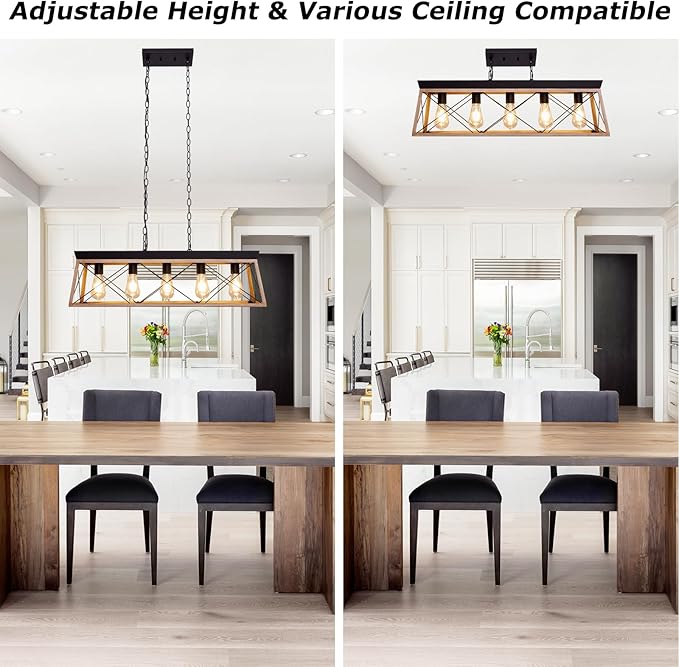 Dining Room Light Fixture/Chandelier Over Table, 5-Light Kitchen Island Lighting Hanging for Farmhouse Linear Chandeliers Matte Black Rustic Wood Pendant Ceiling Light Fixtures