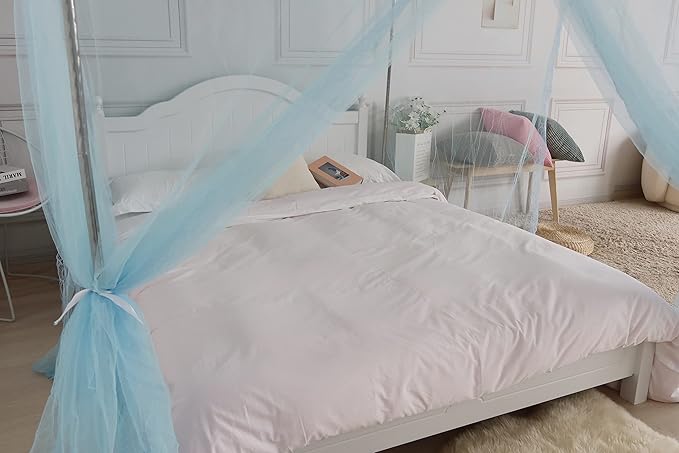 Bed Canopy, Princess Bed Curtain Net for Girls & Adults, Three-Doors Rectangular Lace Dome Netting (Blue, King)