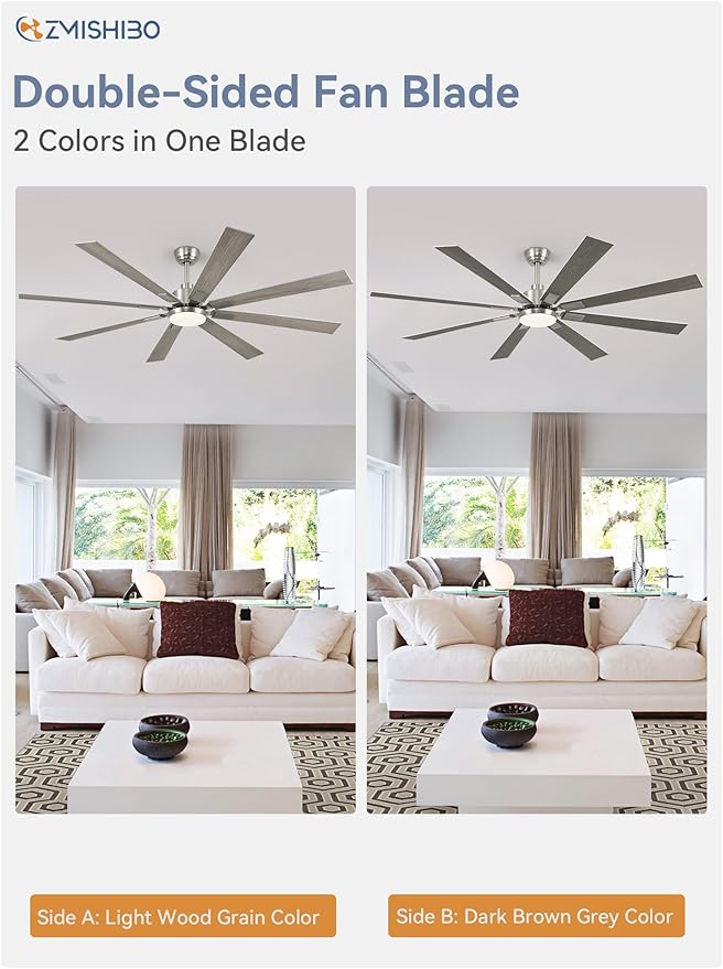 72 inch Brushed Nickel Modern Ceiling Fans with Lights and Remote, Indoor/Outdoor Ceiling Fan for Living Room Patio, 6 Speed Reversible Quiet DC Motor, 3 CCT, Dual Finish Blades