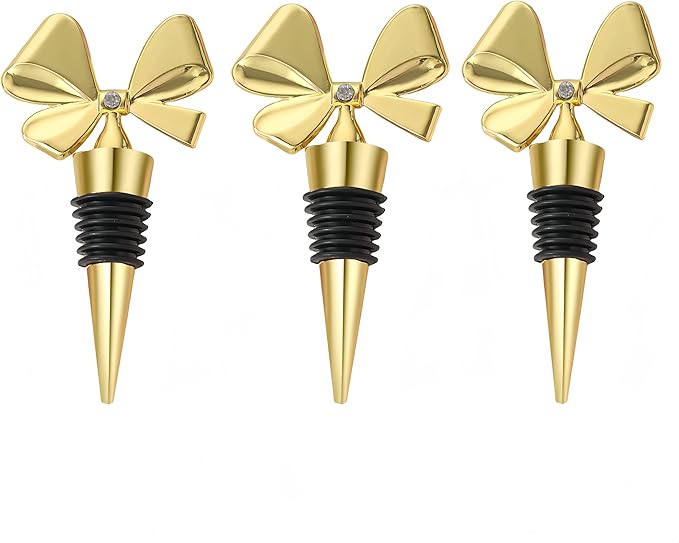 3 Pack Bowknot Wine Bottle Stoppers, Holiday Decor - zinc alloy Decorative Wine Stoppers - Wine Gift for Hostess - Cute Wine and Beverage Corker Bottle Sealers Women's Day gifts