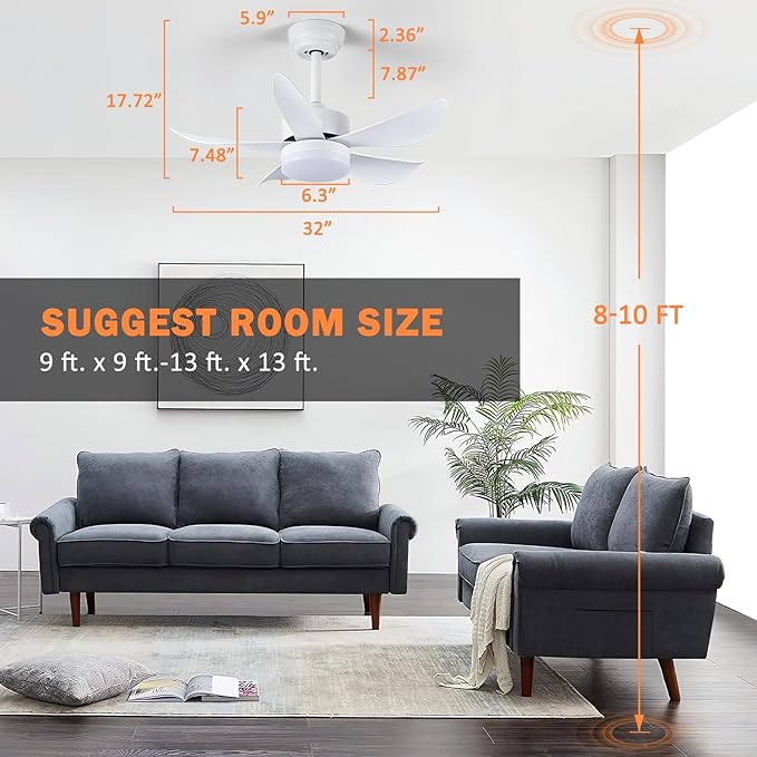 Ceiling Fans with Lights,Modern Dimmable LED Ceiling Fan,32" White Low Profile Ceiling Fan with Light Small Ceiling Fan for Bedroom Kitchen Patio Outdoor,3 Color Changing,Reversible