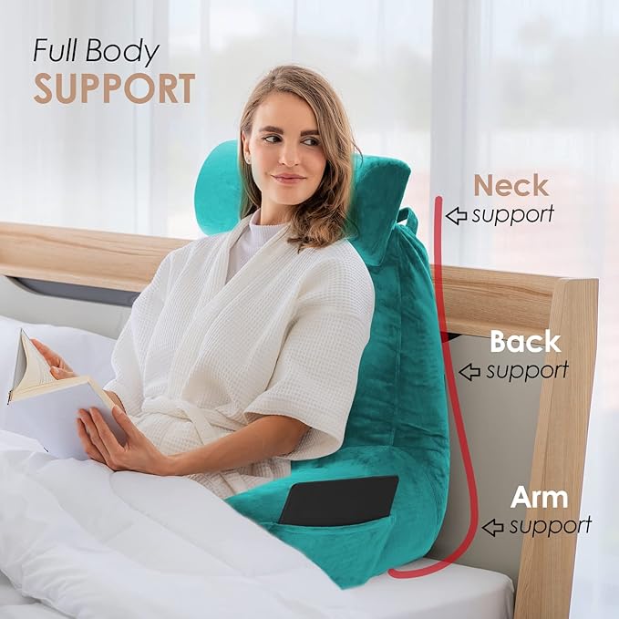 Nestl Reading Pillow Large Bed Pillow, Back Pillow for Sitting in Bed Shredded Memory Foam Chair Pillow, Reading & Bed Rest Pillows Teal Back Pillow for Bed, Bed Chair Arm Pillow with Pockets