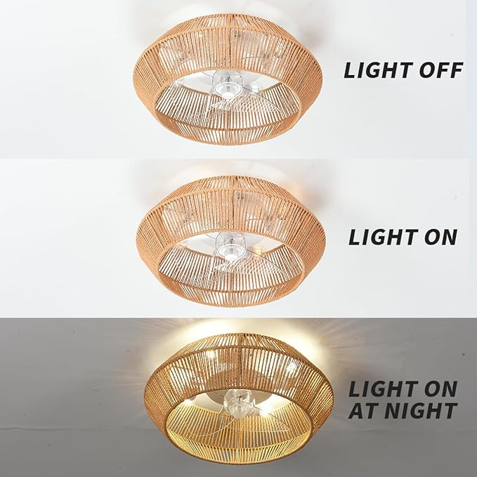 Small 20" Boho Reversible DC Ceiling Fan with Light Fixture and Remote Control, Enclosed Cage Flush Mount Caged Low Profile Fandelier for Nursery Office Dining Room Indoor Kitchen Bedroom